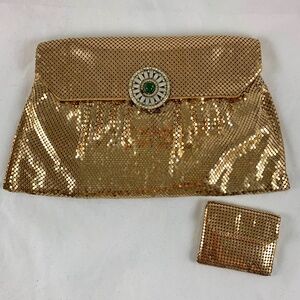 1950s Whiting and Davis Gold Mesh Jewel Closure Evening Clutch with Coin Purse
